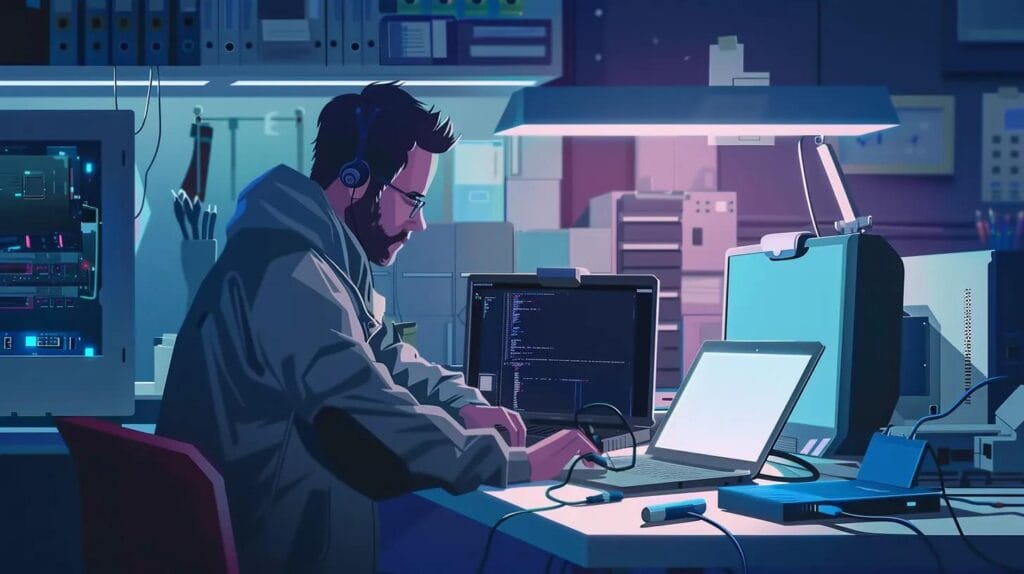 Technician evaluating a computer repair versus a new laptop in a professional setting