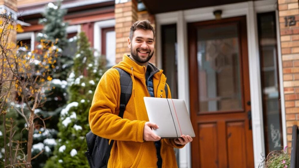 Technician collecting a laptop from a customer's home in Winnipeg for free pickup service