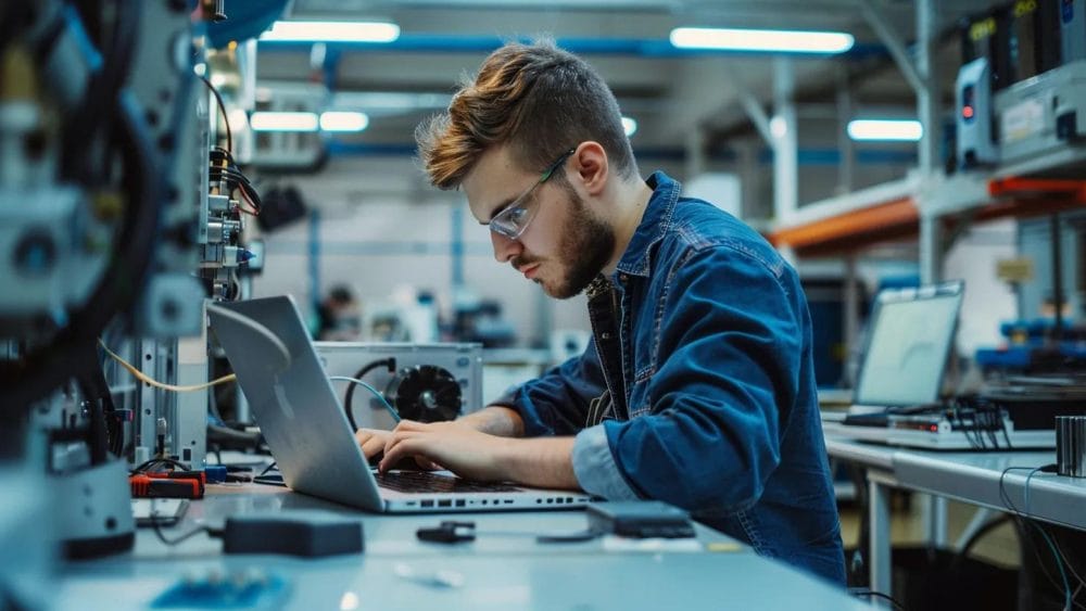 Technician repairing a laptop, emphasizing quality service and certified expertise