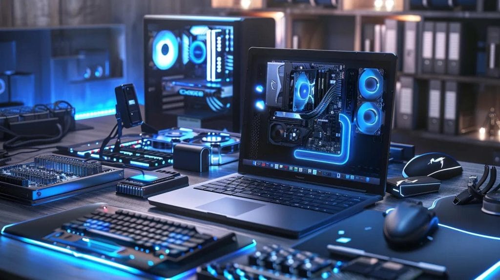 Modern workspace with laptop and computer components illustrating SSD and RAM upgrades