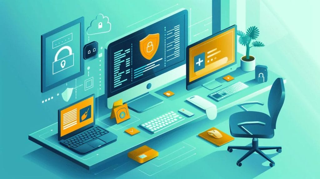 Home office with computer displaying antivirus software, symbolizing cybersecurity essentials for Winnipeg users