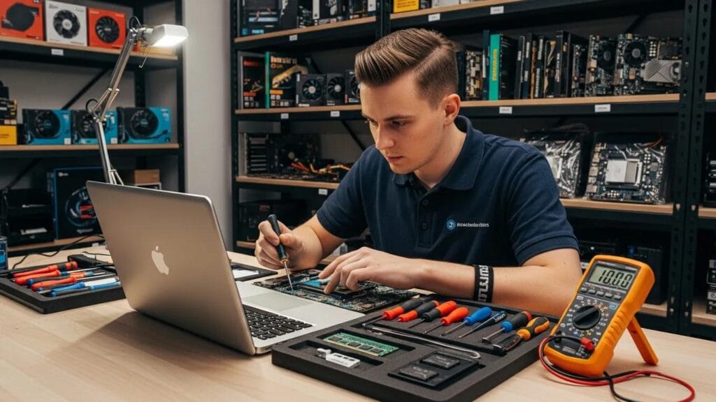Computer repair technician diagnosing a laptop in a modern repair shop