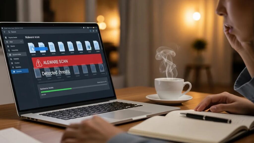 Computer screen showing malware scan in a home office setting