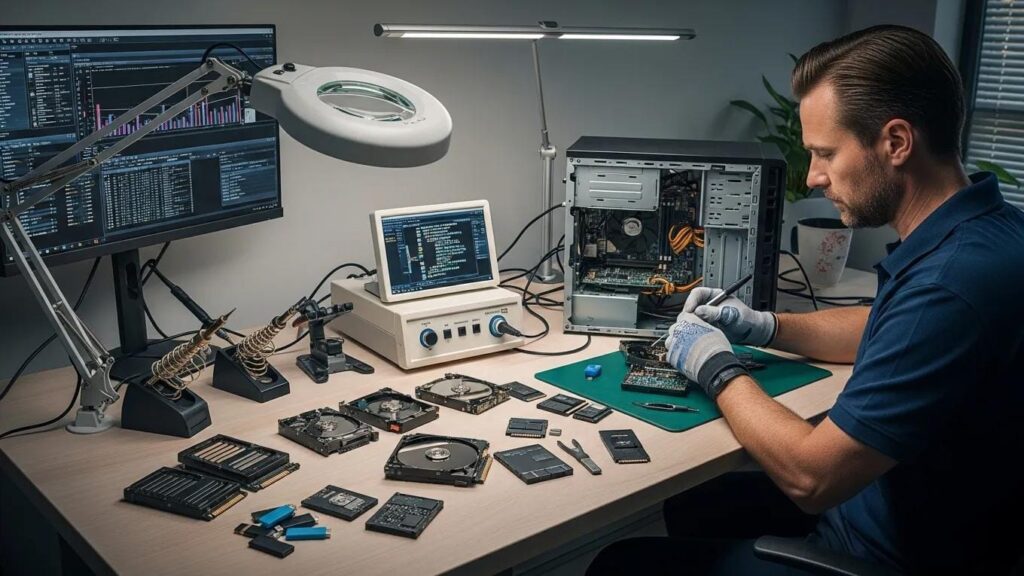 Data recovery technician working on hard drives and SSDs in a modern workspace
