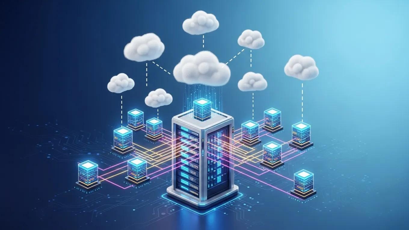 Illustration of server virtualization with multiple virtual servers and cloud icons