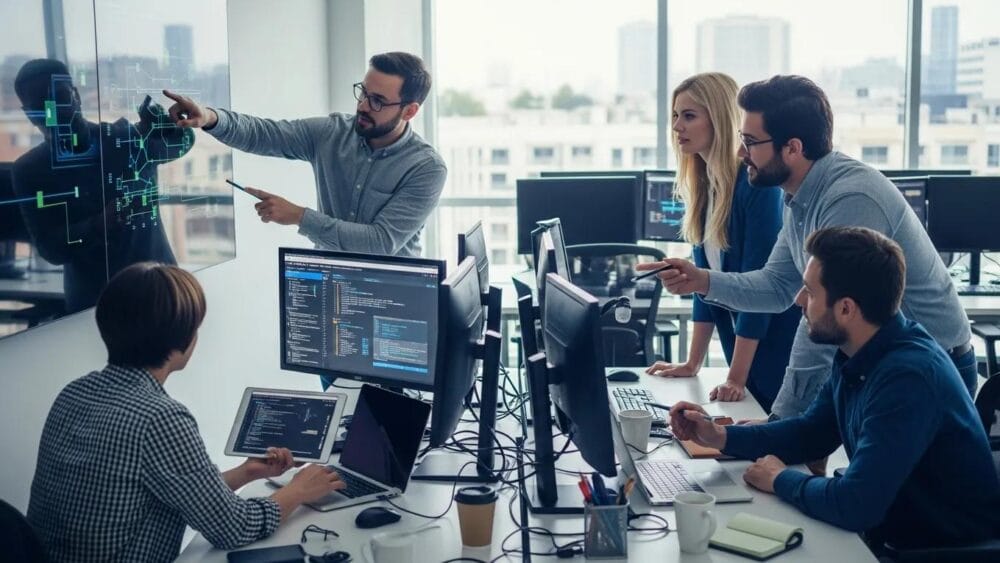 IT support team collaborating in a modern office, emphasizing teamwork and technology