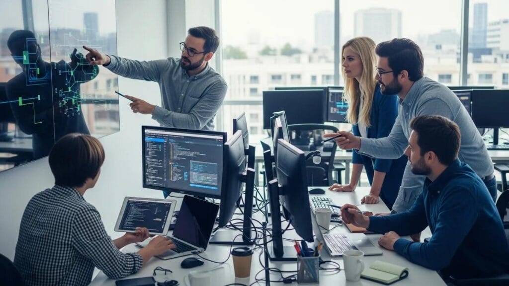 IT support team collaborating in a modern office, emphasizing teamwork and technology