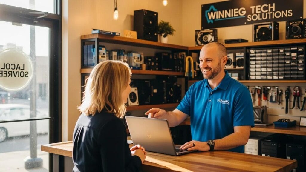 Local computer repair shop in Winnipeg with a technician assisting a customer