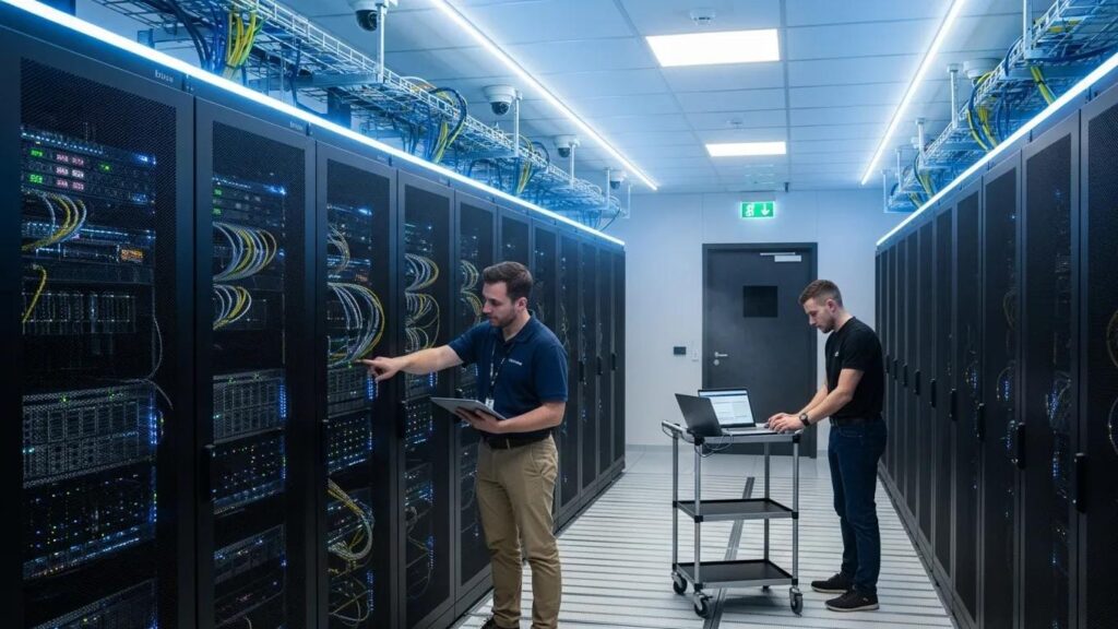 Modern server room with high-tech servers and technicians working
