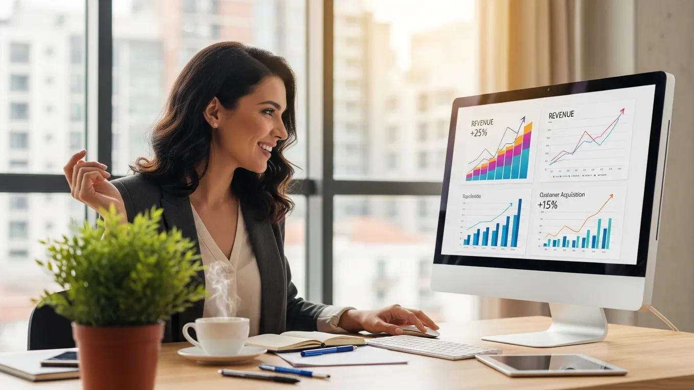 Small business owner celebrating growth with positive metrics on a computer screen