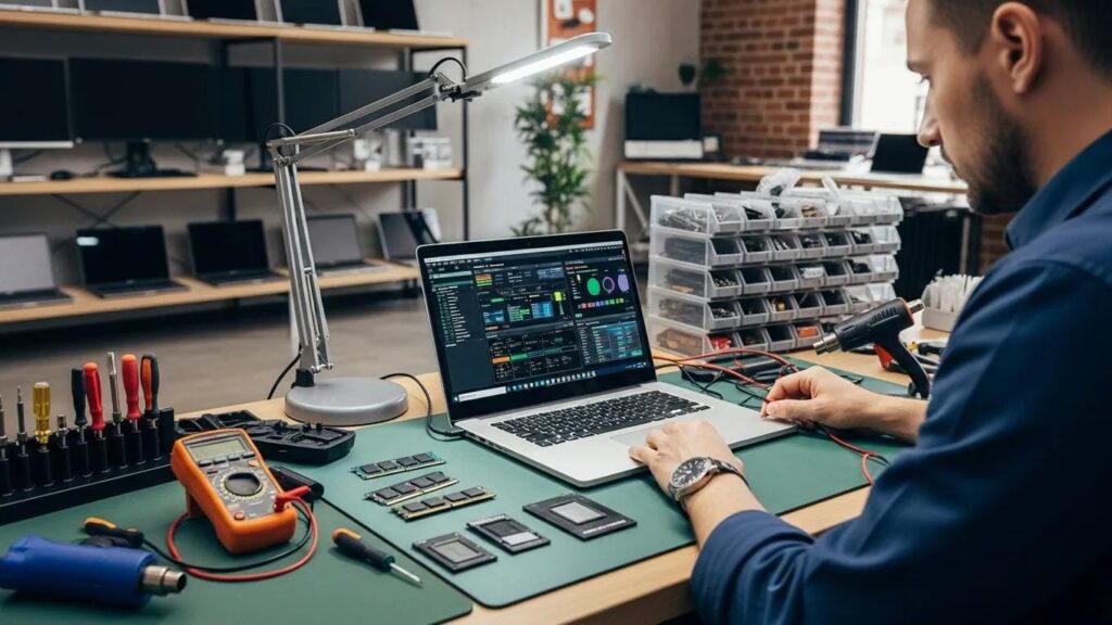 Technician diagnosing a laptop in a repair shop, representing emergency computer repair services