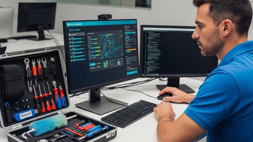 Technician performing virus removal on a computer, highlighting expertise in malware cleanup