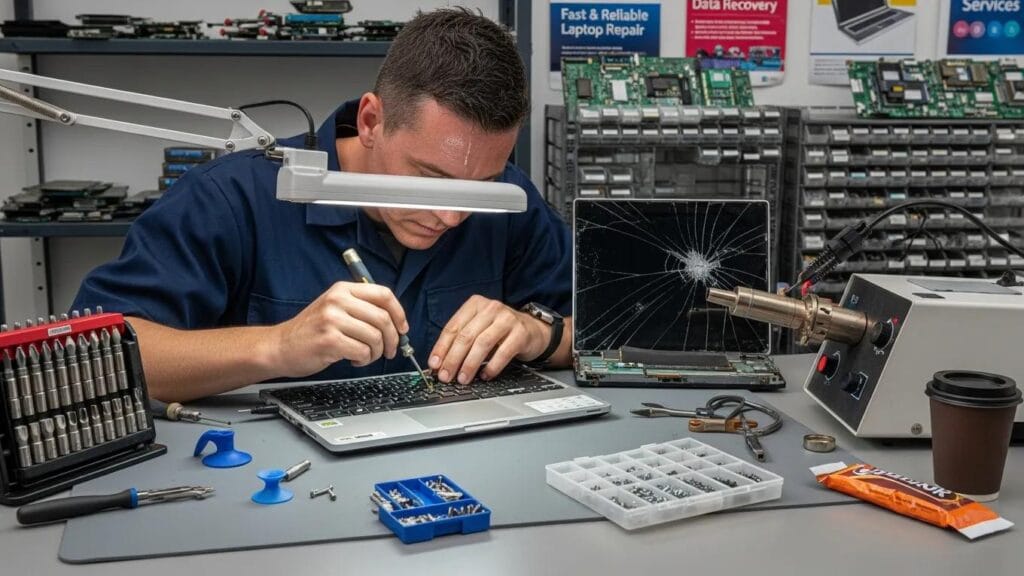 Technician repairing a laptop in a local shop, highlighting emergency laptop repair services