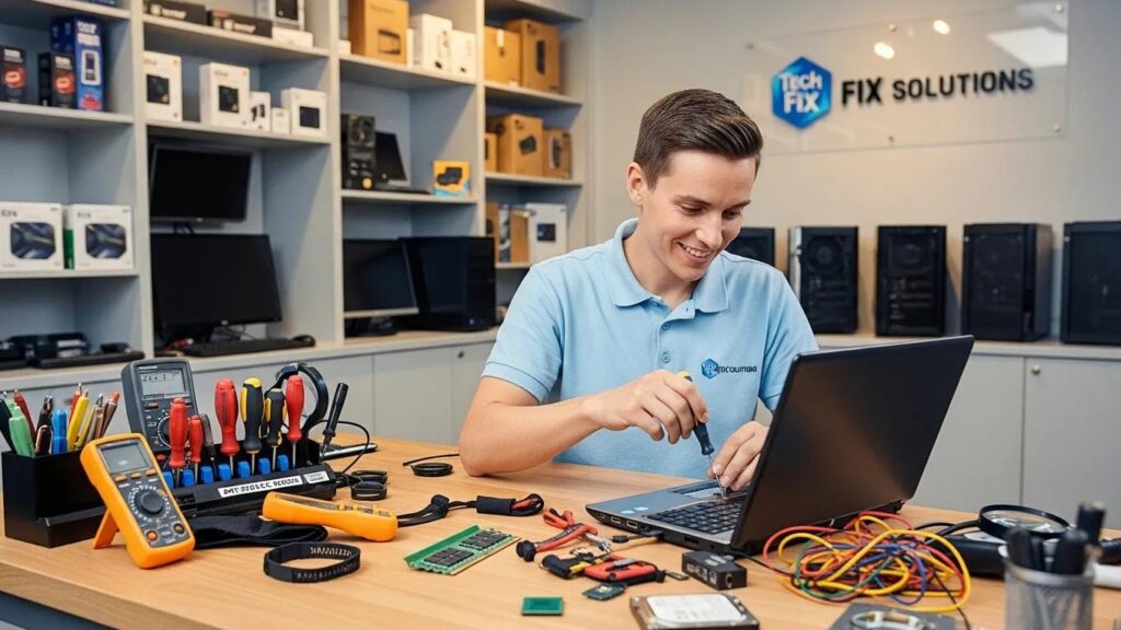 Technician repairing a laptop in a modern computer repair shop