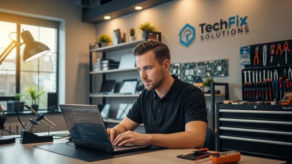Technician repairing a laptop in a modern computer repair shop