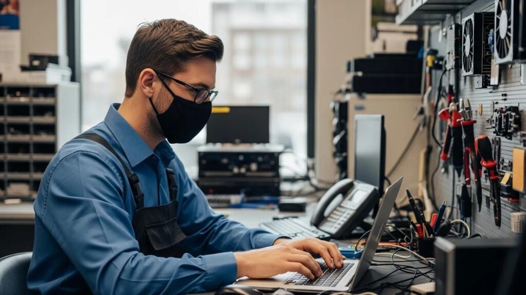 Technician repairing a laptop in a Winnipeg computer repair shop, emphasizing expertise and local service