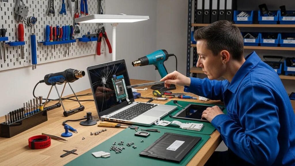 Technician repairing a laptop screen in a professional workshop