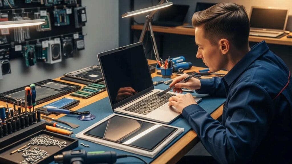 Technician replacing a laptop screen in a professional repair shop