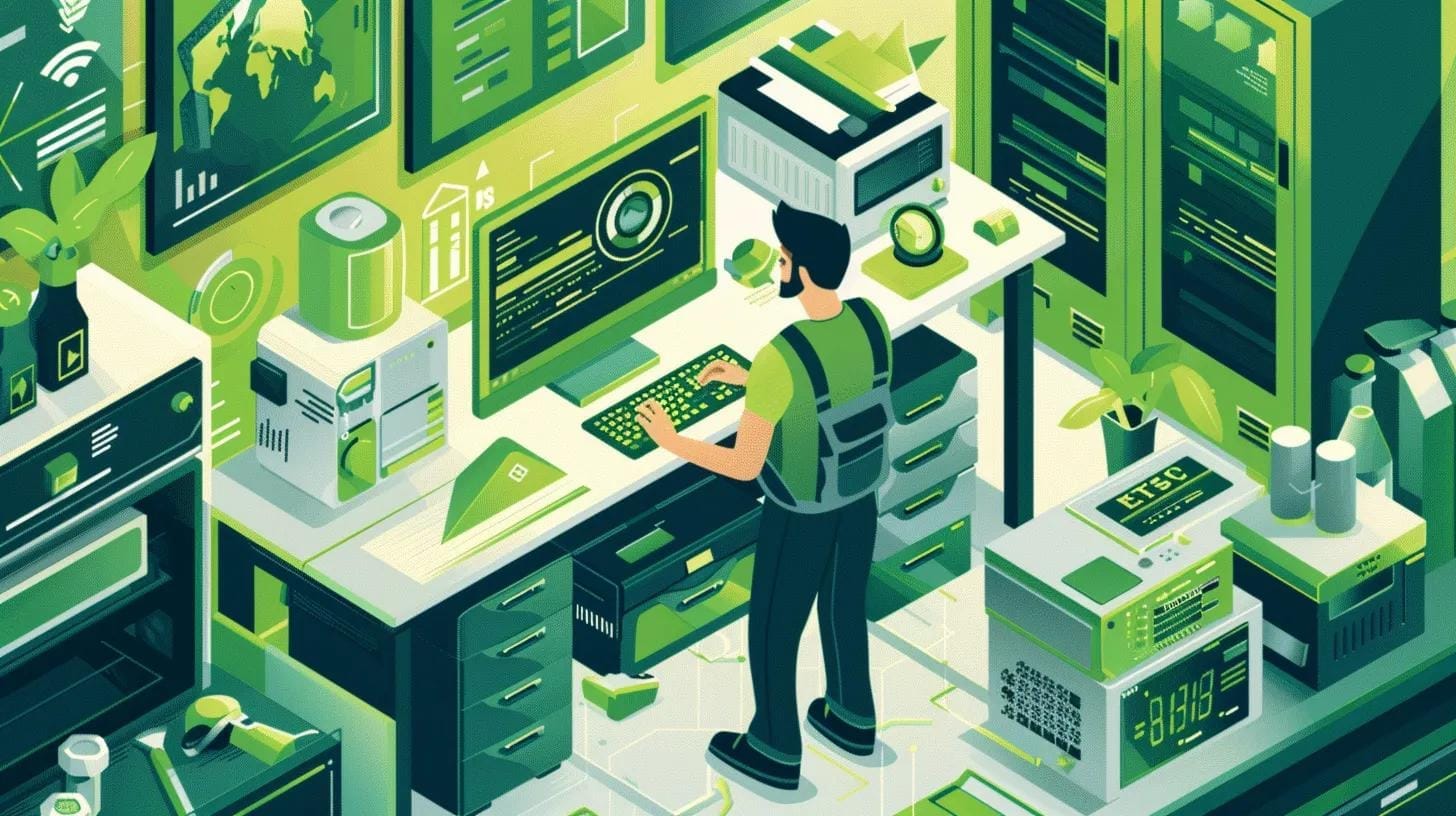 Technician performing sustainable maintenance on a computer with eco-friendly tools