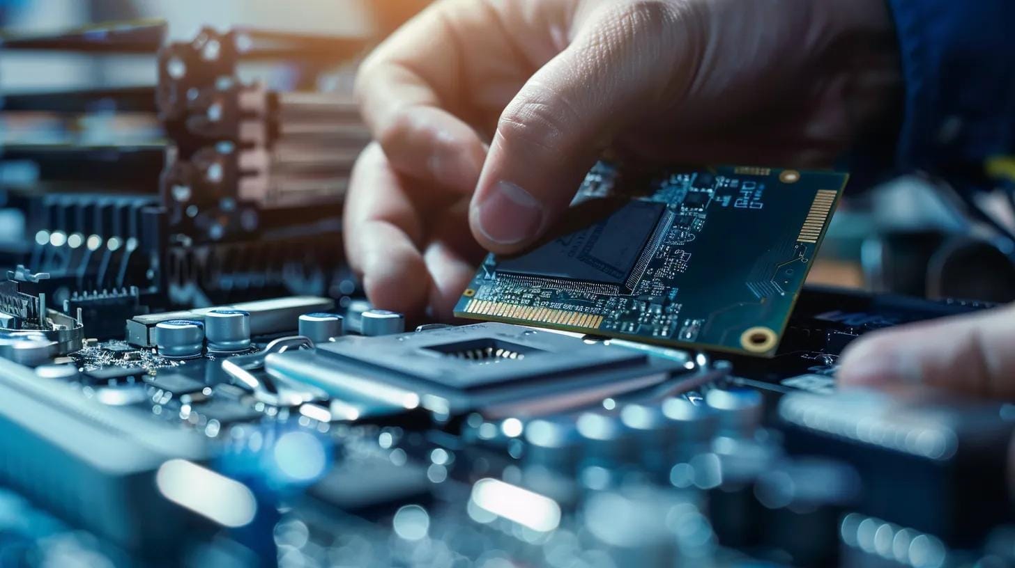 Technician installing SSD in laptop, showcasing the upgrade process for improved boot times