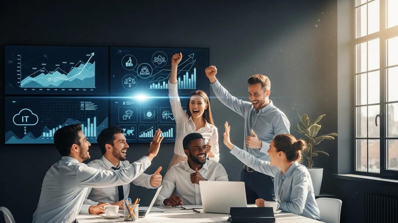 Business team celebrating success due to effective IT solutions