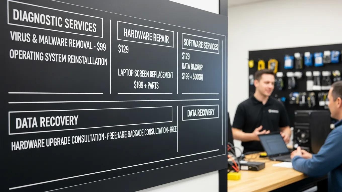 Close-up of a computer repair pricing board showing transparent pricing options