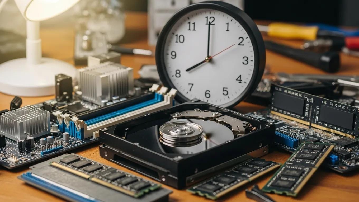 Close-up of computer parts and a clock symbolizing repair durations