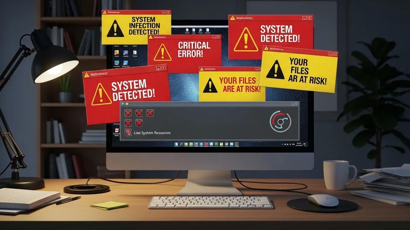 Computer screen showing signs of infection, including pop-ups and slow performance indicators