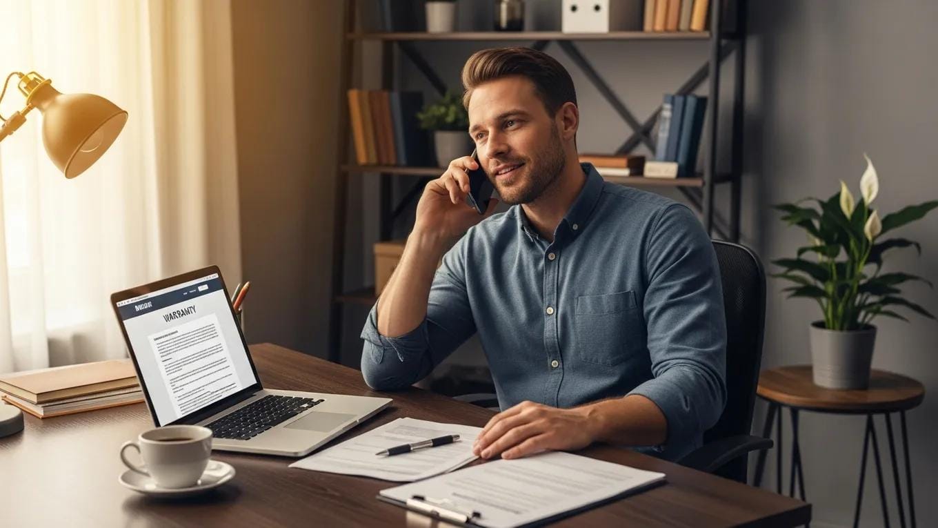 Customer discussing warranty service with a technician over the phone