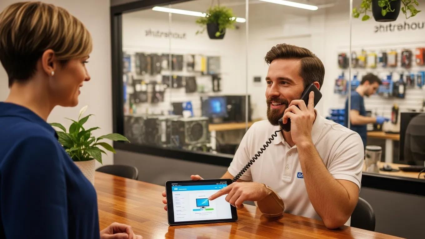 Customer service representative assisting a customer with computer repair status