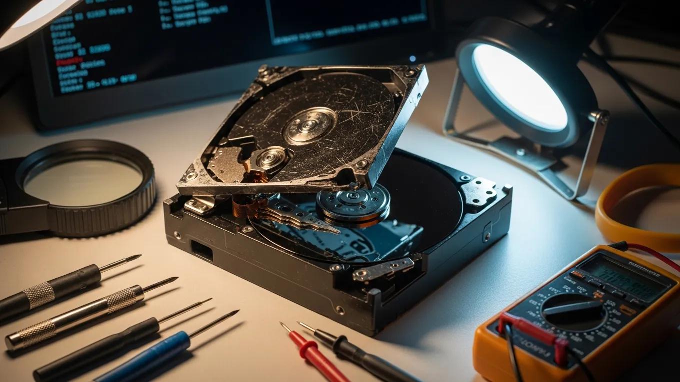 Damaged hard drive with recovery tools illustrating hardware failure impact