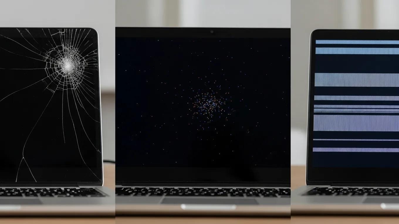 Different types of laptop screen damage including cracked, dead pixels, and flickering