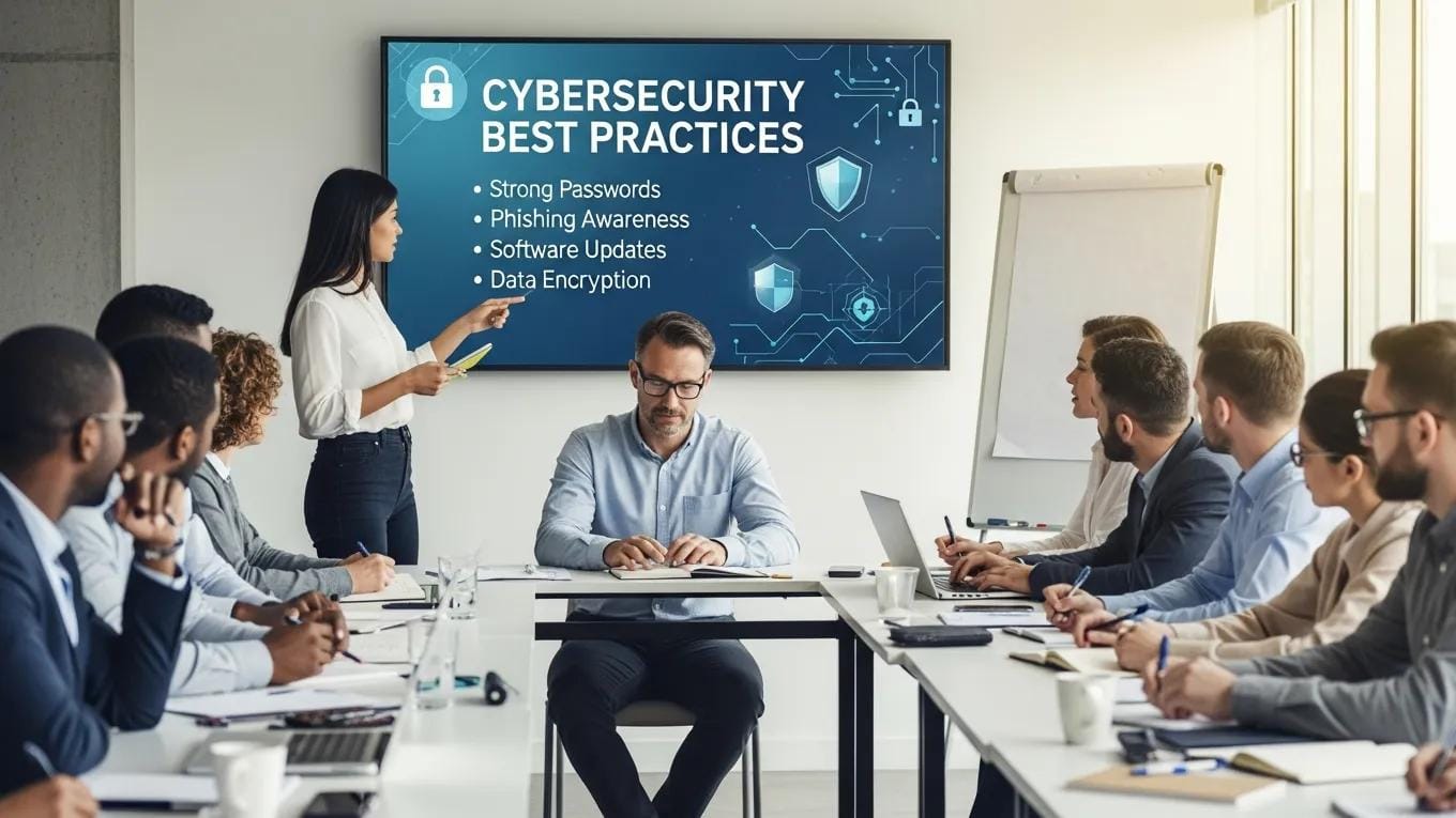 Employees participating in cybersecurity best practices training session