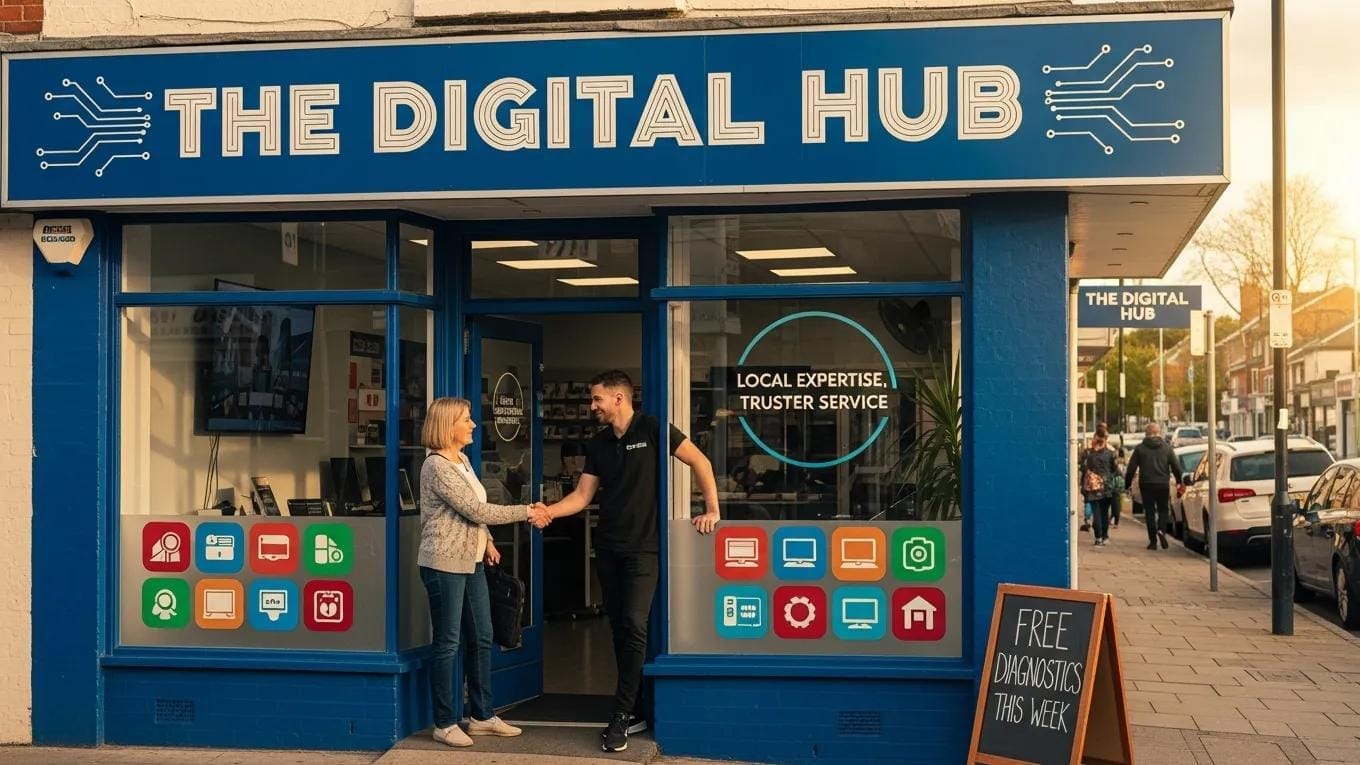 Exterior of a local computer repair shop with a technician greeting a customer