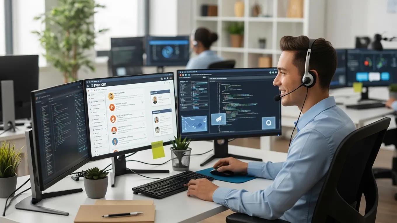 Helpdesk technician assisting a client over the phone, showcasing responsive IT support services