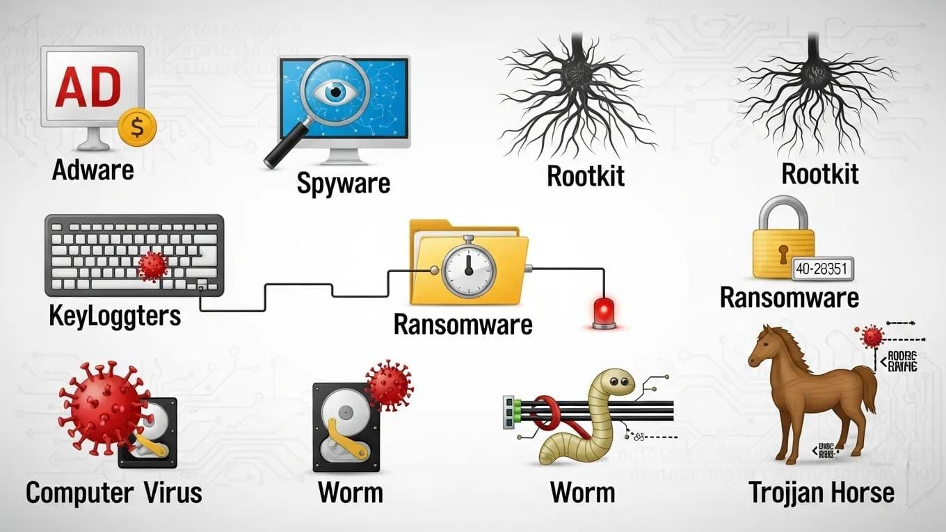 Illustration of different types of malware including adware, spyware, rootkits, and keyloggers