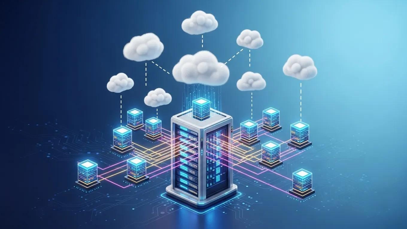 Illustration of server virtualization with multiple virtual servers and cloud icons