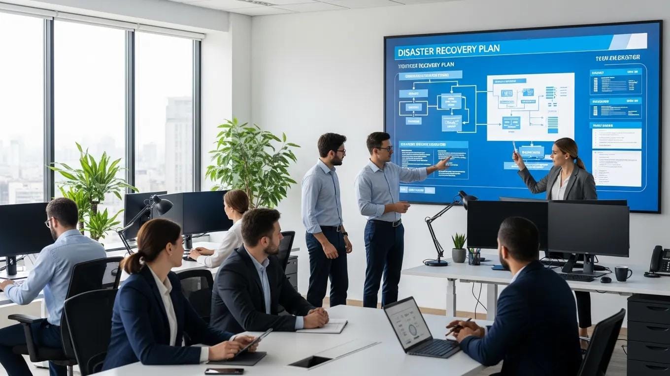 IT professionals discussing disaster recovery strategies in a modern office