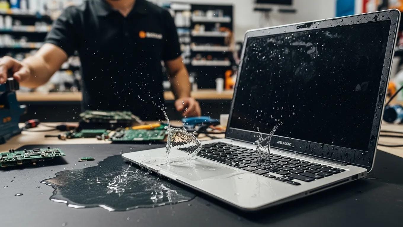 Technician performing data recovery on a laptop, illustrating the emergency repair process
