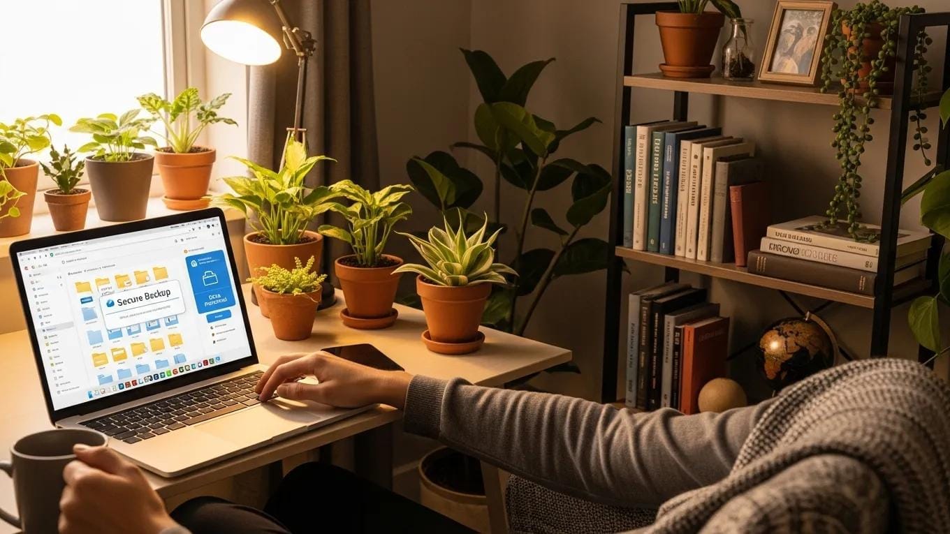 Person using a laptop with cloud storage interface in a cozy home office