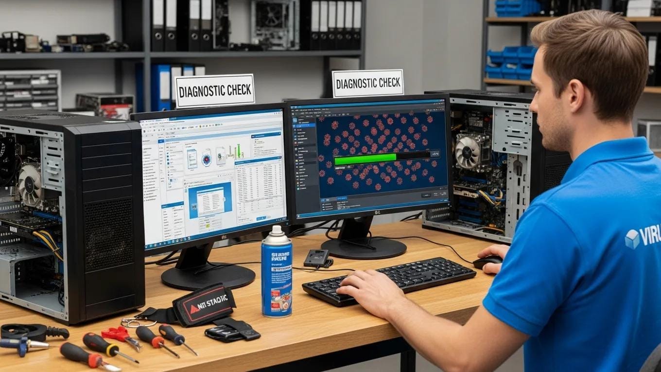 Technician executing virus removal steps, showcasing the professional process of malware cleanup