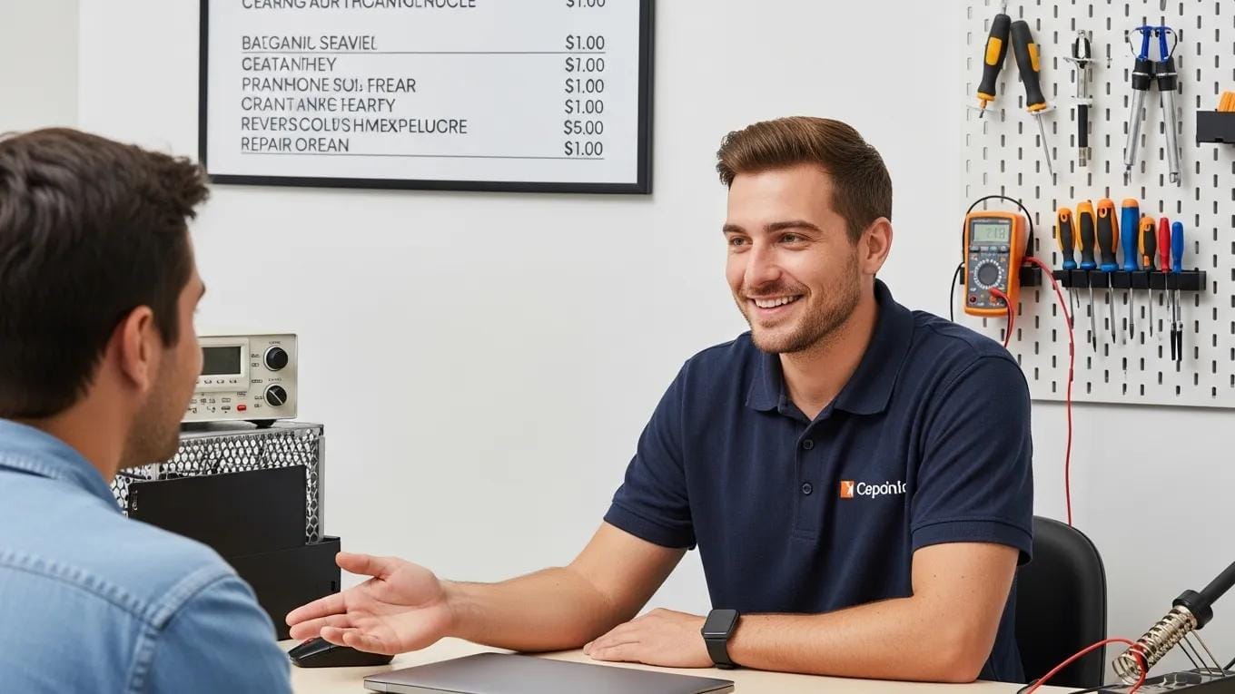 Technician explaining repair options to a customer at a computer repair desk