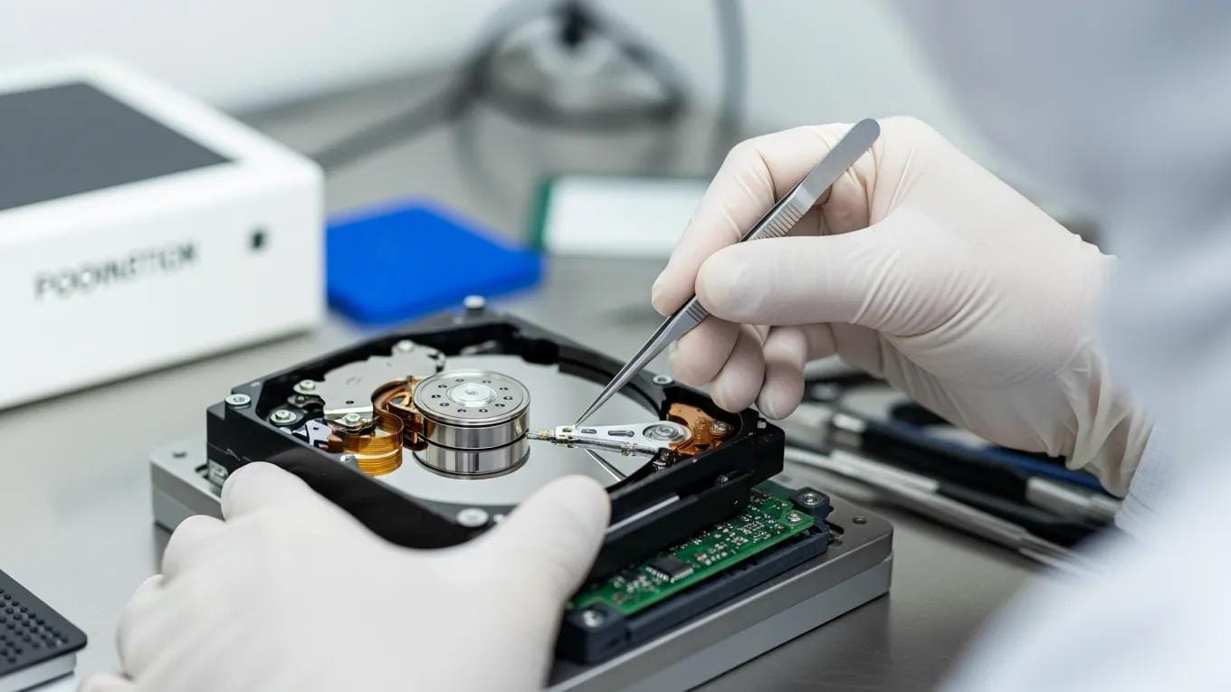 Technician handling a damaged hard drive in a cleanroom for data recovery