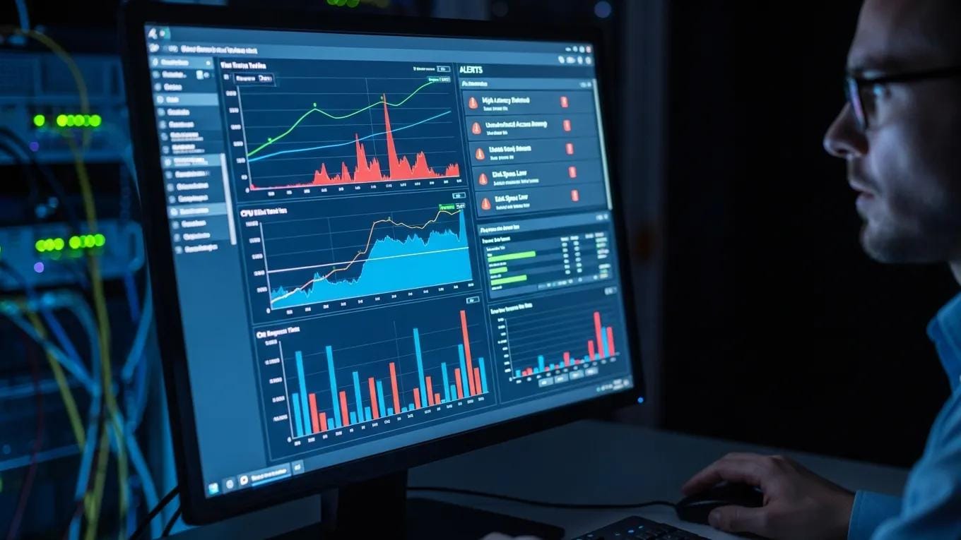 Technician monitoring network performance on a computer screen, illustrating proactive IT management