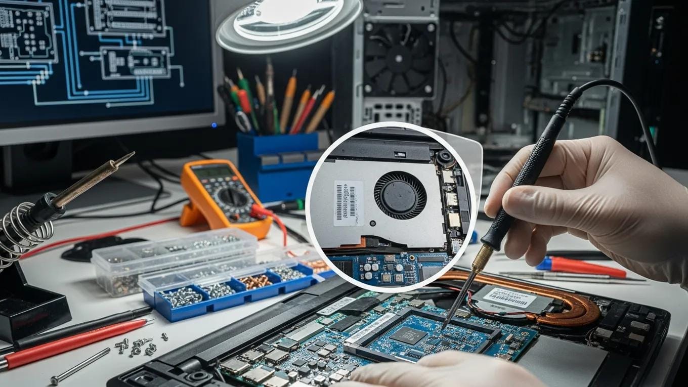 Technician performing a laptop repair, showcasing expertise and professionalism