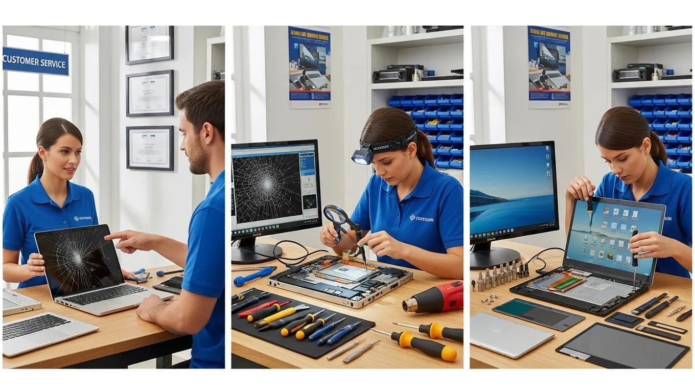 Technician performing a step-by-step laptop screen diagnosis and repair