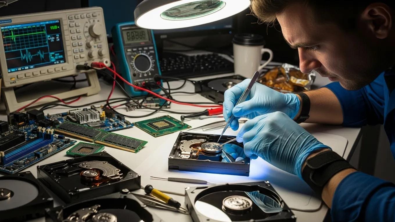 Technician performing data recovery from a hard drive, emphasizing urgent data recovery options