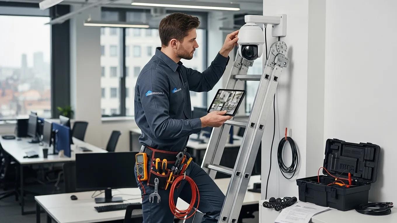 Technician performing maintenance on a CCTV camera system in a modern office