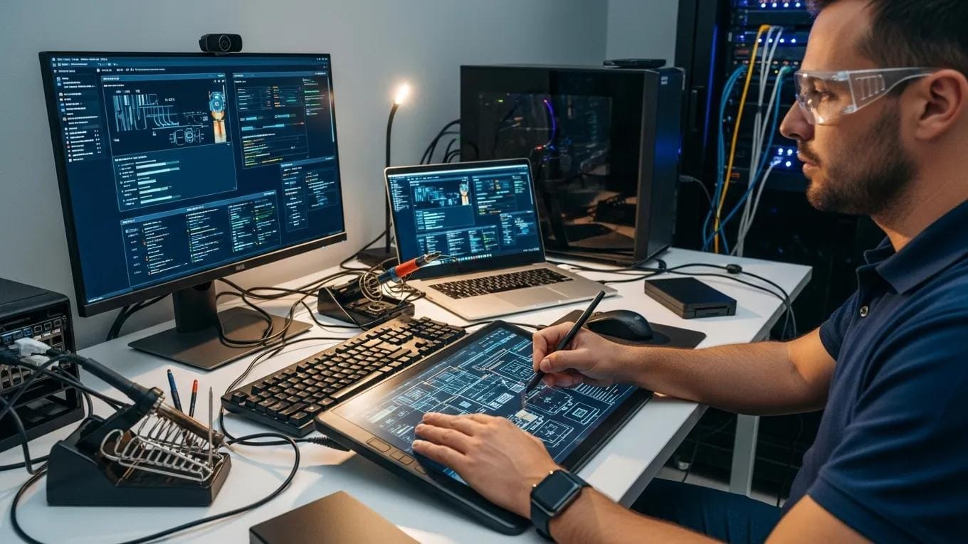 Technician performing malware removal on a computer in a professional setting