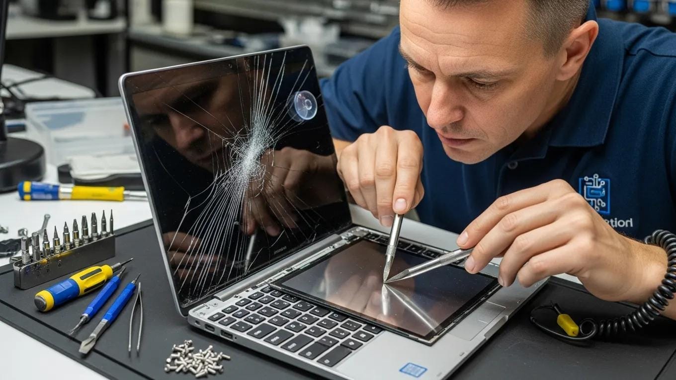 Technician repairing a cracked laptop screen with precision tools